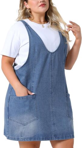 Agnes Orinda Plus Size Denim Overall Dress for Women Sleeveless V Neck Denim Jumper Dress with Pocket in Saudi Arabia