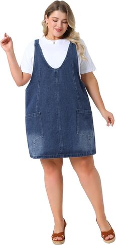 Agnes Orinda Plus Size Size Compley Dress for Women Olcyveless v Deck Denim Jumper Bress مع جيب in Kuwait