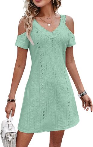 AELSON Womens Sexy Summer V Neck Dress Short Sleeve Off Shoulder Crochet A Line Dresses in Kuwait