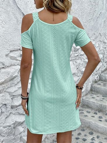 AELSON Womens Sexy Summer V Neck Dress Short Sleeve Off Shoulder Crochet A Line Dresses in Kuwait
