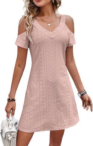 AELSON Womens Sexy Summer V Neck Dress Short Sleeve Off Shoulder Crochet A Line Dresses in Kuwait