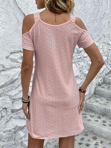 AELSON Womens Sexy Summer V Neck Dress Short Sleeve Off Shoulder Crochet A Line Dresses in Kuwait