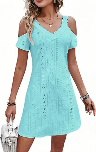 AELSON Womens Sexy Summer V Neck Dress Short Sleeve Off Shoulder Crochet A Line Dresses in Kuwait