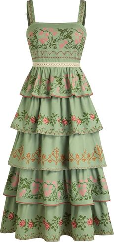CIDER Maxi Dress Floral Embroidery Tiered Cami Square Neck High Waist Sundress Sleeveless Summer Dress in Saudi Arabia