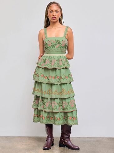 CIDER Maxi Dress Floral Embroidery Tiered Cami Square Neck High Waist Sundress Sleeveless Summer Dress in Saudi Arabia