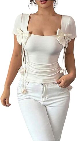 GORGLITTER Women's Square Neck Bow Tops Pearl Short Sleeve Cropped Tee Shirt Coquette Clothes in Saudi Arabia