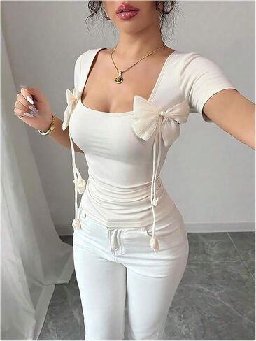 GORGLITTER Women's Square Neck Bow Tops Pearl Short Sleeve Cropped Tee Shirt Coquette Clothes in Saudi Arabia