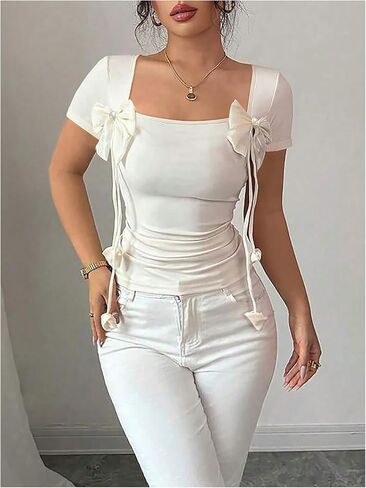 GORGLITTER Women's Square Neck Bow Tops Pearl Short Sleeve Cropped Tee Shirt Coquette Clothes in Saudi Arabia