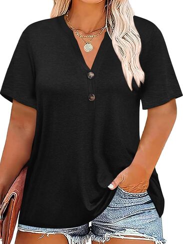 Chulianyouhuo Plus Size Tops for Women Summer V Neck Short Sleeve Tee Shirts Henley Button Casual Loose Fit Blouse in Kuwait