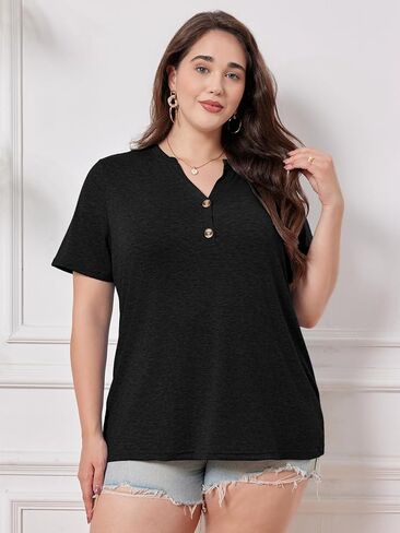 Chulianyouhuo Plus Size Tops for Women Summer V Neck Short Sleeve Tee Shirts Henley Button Casual Loose Fit Blouse in Kuwait