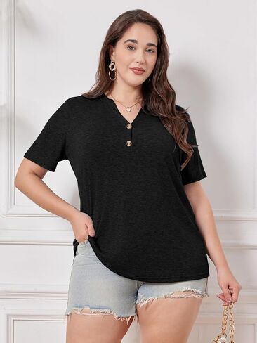 Chulianyouhuo Plus Size Tops for Women Summer V Neck Short Sleeve Tee Shirts Henley Button Casual Loose Fit Blouse in Kuwait