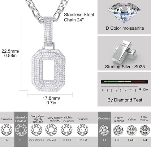 قلادة مويسانيت الأولي A-Z-925 sterling Silver Lettern مع سلسلة Figaro من الفولاذ المقاوم للصدأ ، مجوهرات الأبجدية للرجال نساء in Kuwait
