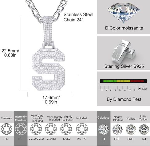 قلادة مويسانيت الأولي A-Z-925 sterling Silver Lettern مع سلسلة Figaro من الفولاذ المقاوم للصدأ ، مجوهرات الأبجدية للرجال نساء in Kuwait