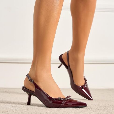 Kitten Heels for Women Closed Pointed Toe Heels Patent Leather Low Heel Slingback Dress Shoes Feature Adjustable Buckle for Date Party Work Office Comfortable Sexy Pumps Shoes in Saudi Arabia