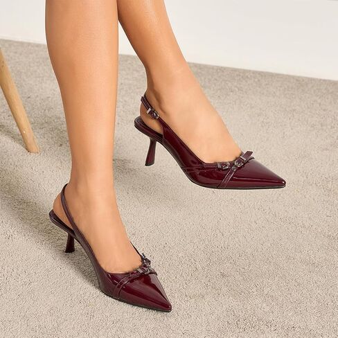 Kitten Heels for Women Closed Pointed Toe Heels Patent Leather Low Heel Slingback Dress Shoes Feature Adjustable Buckle for Date Party Work Office Comfortable Sexy Pumps Shoes in Saudi Arabia