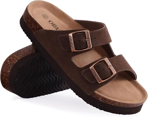 Platform Suede Sandals Soft Cork Footbed Summer Slides with Adjustable Buckle, Black 41 (size 9.5-10) in Saudi Arabia