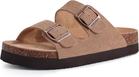 Platform Suede Sandals Soft Cork Footbed Summer Slides with Adjustable Buckle, Black 41 (size 9.5-10) in Saudi Arabia