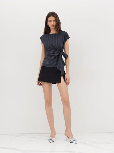 CIDER Women Oversized Top Boat Neck Stripe Knotted Short Sleeve Blouse Summer Shirts in Saudi Arabia