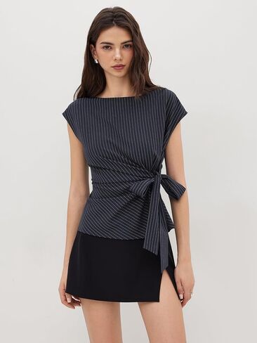 CIDER Women Oversized Top Boat Neck Stripe Knotted Short Sleeve Blouse Summer Shirts in Saudi Arabia