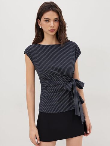 CIDER Women Oversized Top Boat Neck Stripe Knotted Short Sleeve Blouse Summer Shirts in Saudi Arabia