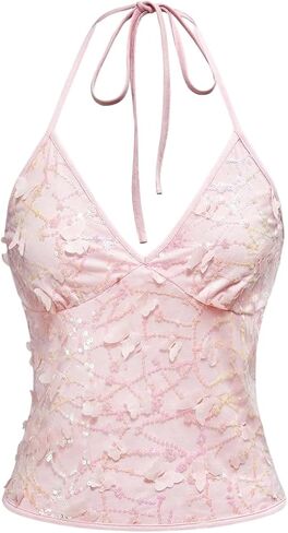 Makemechic Women's Y2K 3D Butterfly Sequin Sparkly Halter Crops Tops Tie Backless Smoocked Tank in Saudi Arabia