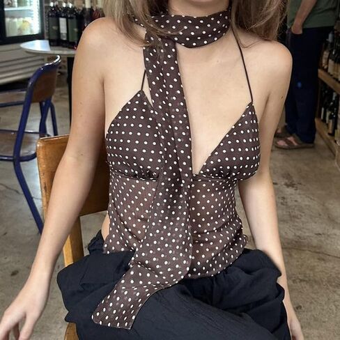 النساء y2k polka dot halter tops بلا أكمام عارية الظهر الخروج من محصول الخزان مع وشاح in Kuwait
