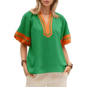 Cicy Bell Womens Color Block Puff Sleeve Tops Casual V Neck Blouse Loose Fit Side Split Shirts in Saudi Arabia