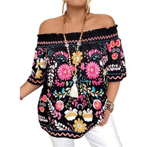 WDIRARA Women's Plus Size Floral Off The Shoulder Blouse Boho Half Sleeve Casual Vacation Tops in Saudi Arabia