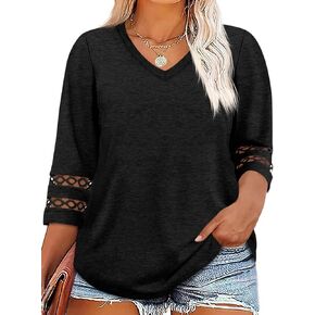 Beautife Womens Plus Size 3/4 Sleeve Tops V الرقبة فضفاضة تناسب قمصان Tee Dary Disy Eyelet Lace Blouse in Kuwait