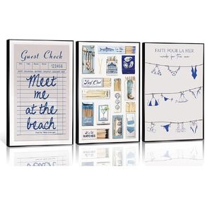 3Pcs Blue Coastal bikini Wall Art Vintage Matchbox Wall Decor Meet Me At The Beach Painting Picture Trendy Southern Girl Preppy Poster Guest Check Canvas Prints for Girls Room Dorm 12x16in Unframed in Saudi Arabia