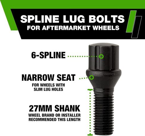 DPAccessories Lug Bolts Compatible with 2002-2006 Mini Cooper | Black Spline Style | for Aftermarket Aluminum Wheels Only | Set of 16 Wheel Bolts & 1 Tool | DMNCOO01A-BK/1 in Saudi Arabia