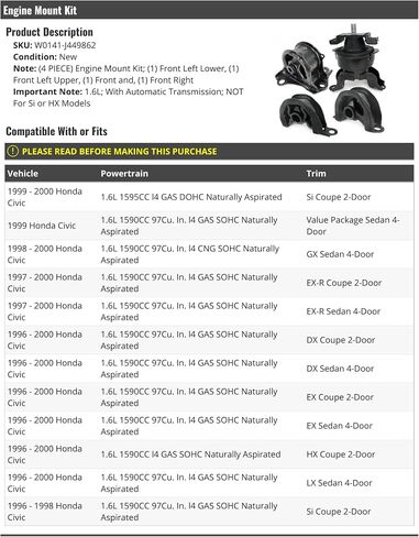 مجموعة محرك Mount - 4 قطعة - متوافقة مع 1996-2000 Honda Civic 1.6L 4 أسطوانات مع ناقل حركة أوتوماتيكي (يستبعد نماذج SI و HX) in Kuwait