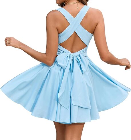 Colysmo Women Homecoming Mini Dress A Line Flowy Ruffle Square Neck Smocked Tie Short Casaul Party Dresses in Kuwait