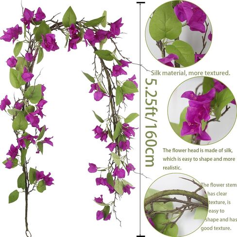 Artificial Bougainvillea Flowers Garland Purple Silk Bougainvillea Vines UV Resistant Realistic Faux Hanging Flowers Plants for Outdoor Outside Summer Decoration Porch Patio Balcony Yard Wall in Kuwait