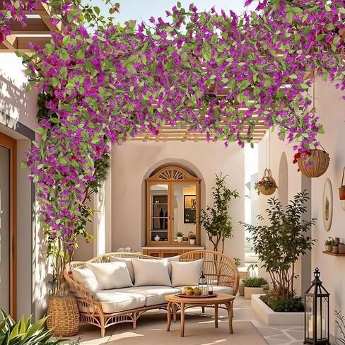 Artificial Bougainvillea Flowers Garland Purple Silk Bougainvillea Vines UV Resistant Realistic Faux Hanging Flowers Plants for Outdoor Outside Summer Decoration Porch Patio Balcony Yard Wall in Kuwait