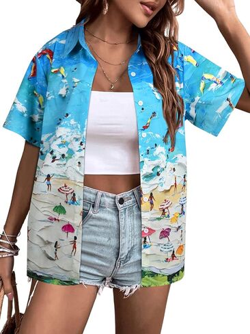 Hawaiian Shirt for Women 3D Palm Trees Printing Tees Hawaii Beach Button Down Shirts Summer Vacation Button Up Tops in Saudi Arabia