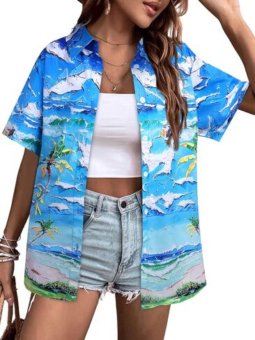 Hawaiian Shirt for Women 3D Palm Trees Printing Tees Hawaii Beach Button Down Shirts Summer Vacation Button Up Tops in Saudi Arabia