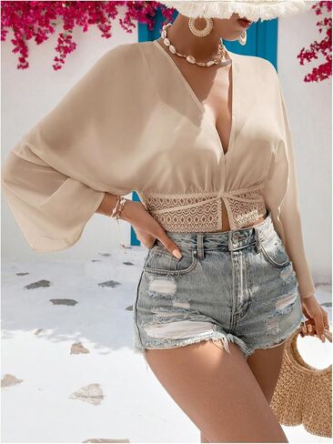 SOLY HUX Women's Deep V Neck Long Sleeve Blouse Lace Tie Crop Shirts Casual Going Out Top in Saudi Arabia
