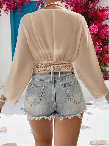 SOLY HUX Women's Deep V Neck Long Sleeve Blouse Lace Tie Crop Shirts Casual Going Out Top in Saudi Arabia