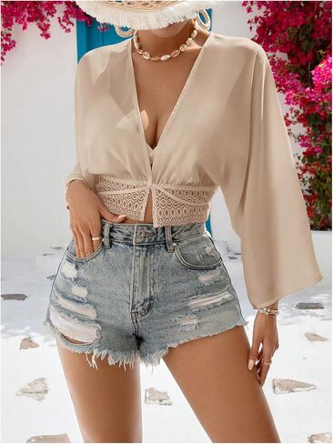 SOLY HUX Women's Deep V Neck Long Sleeve Blouse Lace Tie Crop Shirts Casual Going Out Top in Saudi Arabia