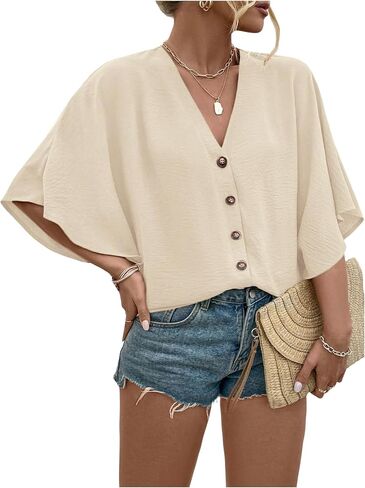 Floerns Women's Plus Size Casual Button Down Shirts V Neck Dolman Sleeve Loose Blouses in Saudi Arabia