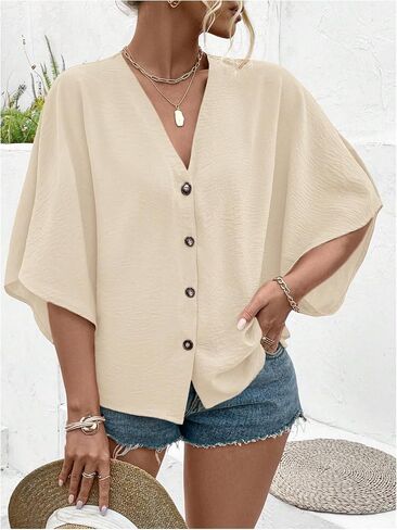 Floerns Women's Plus Size Casual Button Down Shirts V Neck Dolman Sleeve Loose Blouses in Saudi Arabia