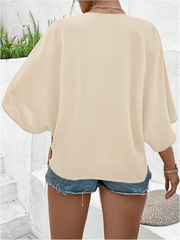 Floerns Women's Plus Size Casual Button Down Shirts V Neck Dolman Sleeve Loose Blouses in Saudi Arabia