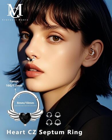 CM CrareesiMania Heart Septum Ring 16G Wing Septum Piercing Jewelry 316L Stainless Steel Daith Earrings for Women Helix Cartilage Daith Clicker Ring in Saudi Arabia