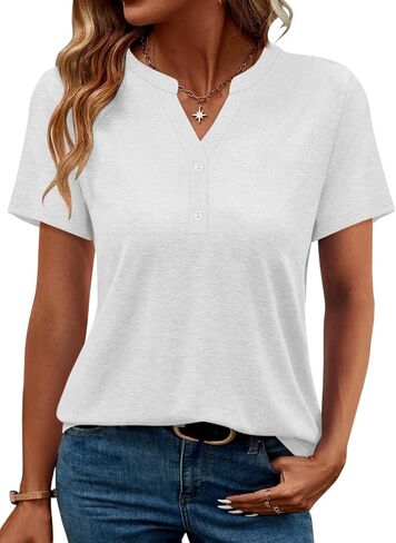 TICTICMIMI Women's V Neck Short Sleeve Tops Button Down Casual T Shirts Basic Dressy Tees in Saudi Arabia