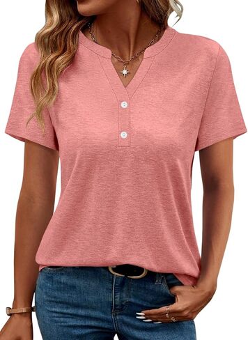 TICTICMIMI Women's V Neck Short Sleeve Tops Button Down Casual T Shirts Basic Dressy Tees in Saudi Arabia