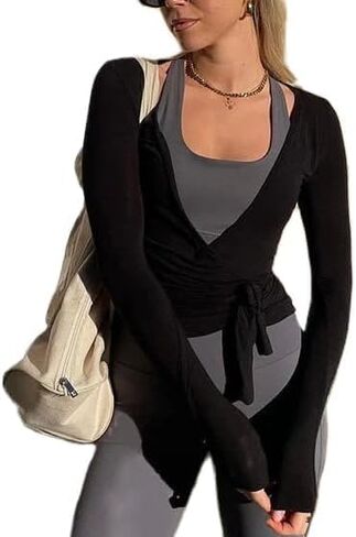 Ballet Wrap Tops for Women Y2k Long Sleeve Pilates Coquette Tops V-Neck Fitted Tie Front Crop Shirts Workout Blouse in Kuwait