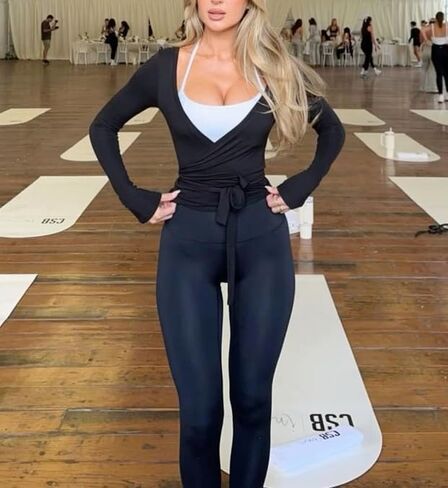 Ballet Wrap Tops for Women Y2k Long Sleeve Pilates Coquette Tops V-Neck Fitted Tie Front Crop Shirts Workout Blouse in Kuwait