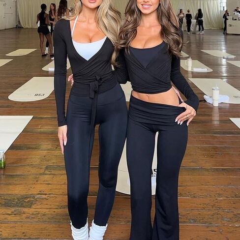 Ballet Wrap Tops for Women Y2k Long Sleeve Pilates Coquette Tops V-Neck Fitted Tie Front Crop Shirts Workout Blouse in Kuwait