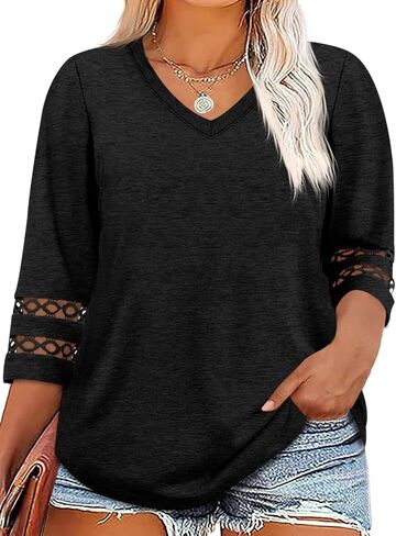 Beautife Womens Plus Size 3/4 Sleeve Tops V الرقبة فضفاضة تناسب قمصان Tee Dary Disy Eyelet Lace Blouse in Saudi Arabia